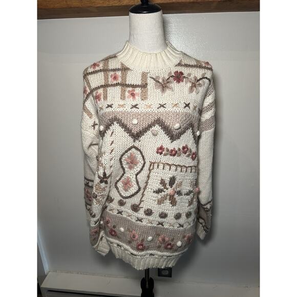 Vintage Sweater Hand Knit Cottage Core Granny Core Floral Sweater Large 3D - Picture 4 of 9